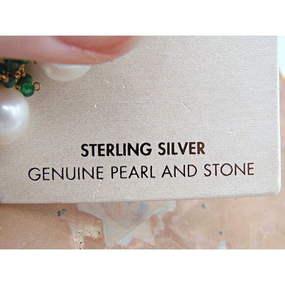 NEW Sterling Silver Genuine Pearl and Green Stone Dangle Earrings Gold Hook NWT - Picture 7 of 11